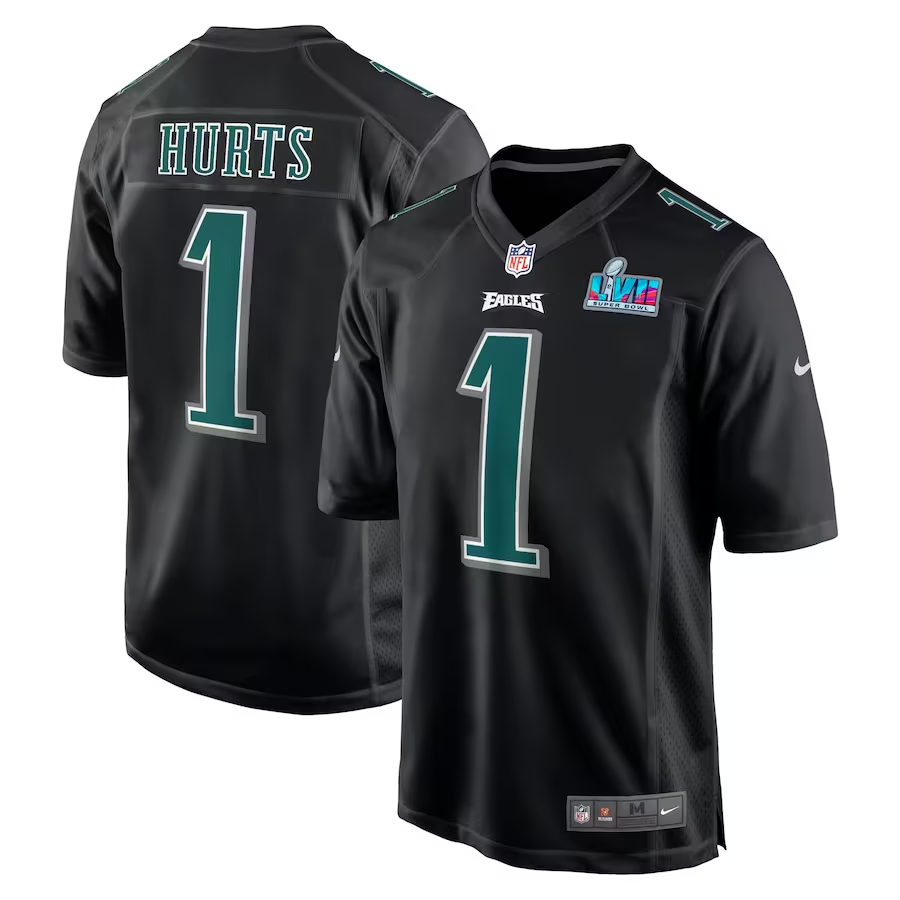 Men's Philadelphia Eagles Jalen Hurts #1 Black Super Bowl LVII Patch Jersey